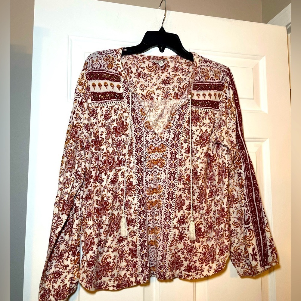 Lucky Brand Woman’s Blouse Size Large Beads & Tassel V Neck Boho Long Sleeves